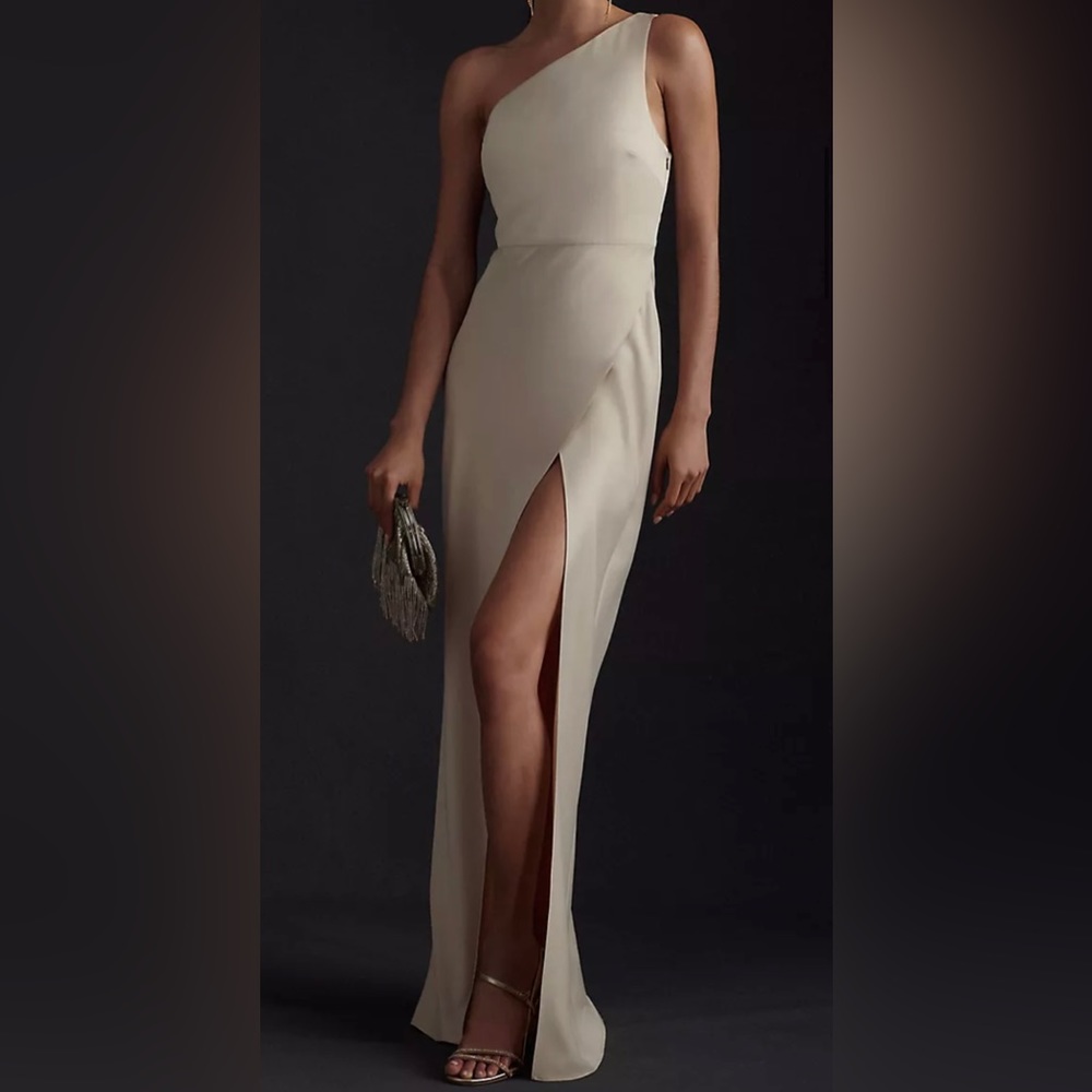 BHLDN Dylan One-Shoulder Satin Side-Slit Gown
